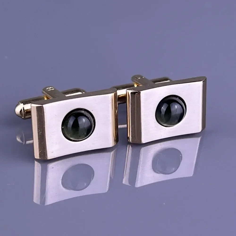 Green Glass Cabochon Cufflinks Gold & Silver Tone Simple Hickok Vintage